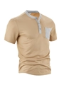 Men's khaki waffle knit Henley shirt with grey contrast pocket and button placket - Khaki