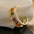 Detail of gold-plated geometric ring with colorful zircon stones on black background - Adjustable Open / 13133-Rainbow Zircon Row Style