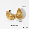 Detailed view of gold stainless steel C-shape earrings with striped texture and dimensions - Striped Hollow Style (KDE2239)