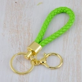 Handmade green braided leather keychain with golden metal ring and lobster clasp - Generation 1 Round Dragon Woven Buckle (Light Gold) / Grass Green