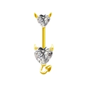 Détail d'un piercing de nombril cœur diable doré avec zircone et petite queue arquée - Zircon Blanc Plaqué Or