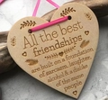 Heart-shaped wooden friendship plaque with humorous engraving and pink silk ribbon - G (7.5*7.5) Sarcasm Laughter Friendship - Heart Wood