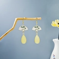 Detail of vintage bamboo leaf earrings with gold hooks and yellow resin pendants - White Fan Yellow Bead Drip (E2935-4)