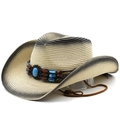 British style wide brim cowboy straw hat with gradient color and beaded band - M (56-58cm) / Beige Black Gradient