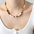 Titanium steel necklace featuring freshwater pearls and tiger eye beads on gold chain - Tiger Eye Necklace-40+7cm