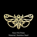 Detailed view of golden stainless steel moth pendant measuring 18x33mm on black background - Hollow Moth Style (LA410) / 5 Pieces / Gold