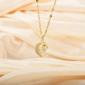 Minimalist gold titanium steel necklace featuring a moon pendant with white round gemstone - Gold (8402)