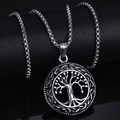Silver tree of life pendant necklace with woven border and box chain on leather - Tree Of Life Style (A1932B) / Silver