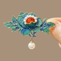 Detail of blue cloisonne flower hairpin with central red gem and elegant pearl tassel - F1367 Peony