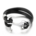 Minimalistische dubbellaagse zwart gevlochten lederen armband met zilveren ankersluiting - Zilveren Anker Zwart Leren Touw (KB67837-BD)
