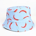 Light blue reversible bucket hat featuring vibrant all-over red chili pepper vegetable print - Blue Chili
