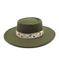 Detail of olive green wool felt boater hat featuring a decorative geometric woven ribbon - M (56-58cm) / Army Green