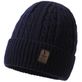 Navy blue winter knitted beanie for men with thick fleece lining and leather logo patch - One Size / Navy Blue