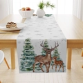 Linen Christmas table runner featuring watercolor deer and snowy forest pattern - White Watercolor Deer Forest (ZQ26-20)