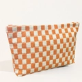 Knitted checkerboard makeup bag in orange and beige tones for storage and travel - Yellow White Plaid