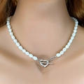 Elegante collana in argento 925 con perle d'acqua dolce e chiusura a cuore a T - Chiusura OT in Argento + Collana di Perle di Riso