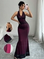 Deep purple halter V-neck mesh dress with a slim fit and fishtail hemline for women - S / Burgundy