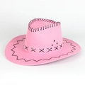 Pink western cowboy hat with black contrast stitching and breathable eyelets on white background - Adjustable / Pink