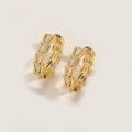 French vintage gold snake-texture hoop earrings with clear square zircons - White