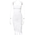 Detail of white satin camisole dress with intricate lace trim on a transparent mannequin - S / White