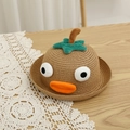 Dettaglio cappello di paglia per bambini con faccia da cartone animato e foglia verde - S (Bambini 52cm 1-6 anni) / Cachi