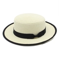 Straw boater hat for women with black ribbon bow and trim for sun protection beachwear - M(56-58cm) / Creamy White