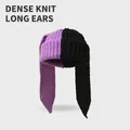Two-tone purple and black knitted beanie featuring long rabbit ears for a cute winter look - One Size / Purple & Black