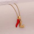 Gold stainless steel necklace featuring red chili pepper and pavé letter L charms - Letter L(L)