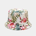 Tropical bucket hat with red hibiscus and green palm leaves on cream background - M (56-58cm) / Off-white Red Hibiscus