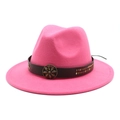 Detail of bright pink wool fedora with brown leather band and metal flower buckle - Rose Red