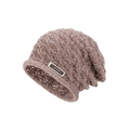 Winter light brown knit beanie hat with diamond pattern and brand label - Khaki