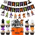 Set decorazioni festa Halloween con striscioni Happy Halloween e topper torta con gnomi - Set 1 (Combo Banner Halloween + Topper)