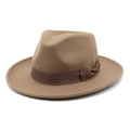 Classic British wool felt fedora hat with wide brim and elegant brown ribbon bow - M (56-58cm) / Dark Khaki