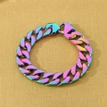 Close-up of rainbow gradient stainless steel Cuban chain bracelet with lobster clasp - Rainbow Color (KB187335-KJX)