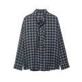 Blue and grey plaid long sleeve shirt with tie-neck scarf and button-up front design - XS / Grey Blue Plaid