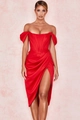 Detail of red satin dress featuring corsetry boning and a side slit on the skirt - XS / Red