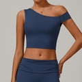 Dark blue recycled yoga crop top with asymmetrical one-shoulder design for fitness - S / Twilight Blue