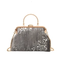 Elegant grey velvet evening bag with silver sequins, gold ring handle and chain strap - Gray