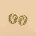Ins-style hollow leaf earrings in gold with sparkling green zircon stones - Green