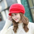 Women's red rabbit fur blend knit beanie with short brim and decorative pearl beads - One Size / Diamond Pearl Red