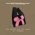 Chic black knitted tote bag featuring a vibrant pink oversized bow pattern - Pink Bowknot