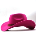 Detail of a magenta wool felt cowboy hat featuring a classic brown leather decorative band - M (56-58cm) / Rose Red