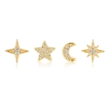 Golden celestial stud earrings set featuring star and moon designs with zircon inlays - Gold Star Moon Series Stud Set (#74)