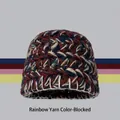 Rainbow striped knit beanie hat with colorful patchwork design and white stitching details - One Size / Neon Hat Coffee