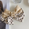 Champagne satin and polka dot bow hair claw clip with pearl-studded golden buckle - Beige Square Pearl Polka Dot Spring Clip