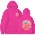 Pink sunset print hoodie with Forever Chasing Sunsets graphic and front pocket - Rose Red