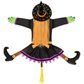 Halloween Hexe Dekoration mit orangem Haar, lila Kleid und gestreiften Beinen am Besen - Oranges Haar