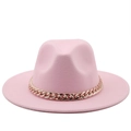 Pink wool felt fedora hat with gold chain band in classic British jazz style - M (56-58cm) / Pink