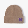 Khaki ribbed knit beanie with a purple and white letter N patch on the folded cuff - Khaki
