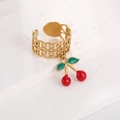 Golden cherry pendant ring with hollow chain band and vibrant red fruit charms - Hollow Chain Texture Style (J-20025)